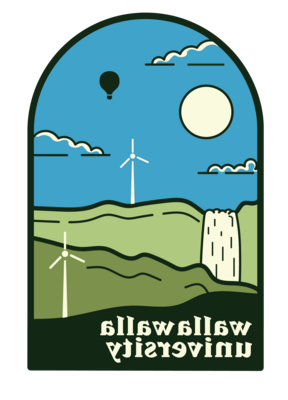 WWU U-天的标志是连绵起伏的青山、风车和瀑布. 天空是蓝色的，有一个热气球.